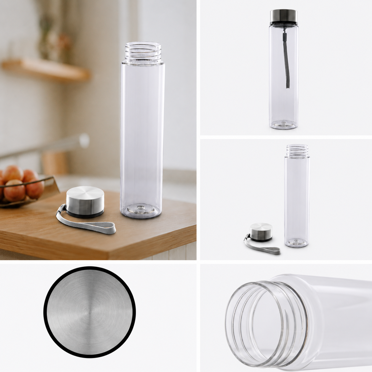 8 oz Plastic Clear Water Bottle Stainless Steel Screw Cap Lid